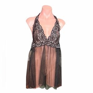 NWT Victoria’s Secret Halter Top Babydoll Lingerie Lace Sheer Black size L